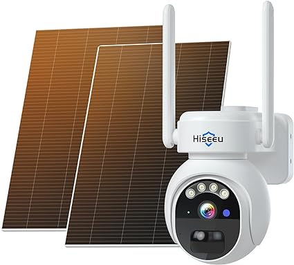 Hiseeu 24/7 Recording Solar Camera Outdoor, 4MP Wireless Home Security Camera, PTZ 360° View, PIR Motion Detection, Color Night Vision, IP66, 2-Way Audio, 2.4G WiFi, No Monthly Fee