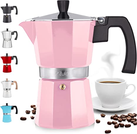 Zulay Classic Stovetop Espresso Maker for Great Flavored Strong Espresso, Classic Italian Style 5.5 Espresso Cup Moka Pot, Makes Delicious Coffee, Easy to Operate & Quick Cleanup Pot (Pink)