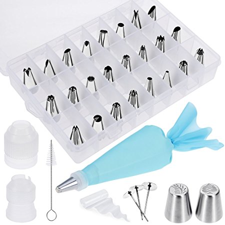 Vastar 64 Piece Decorating Supplies Kit with 2 Christmas Stainless Steel Cake Decoration Tips, 24 Professional, Cleaning Brush, 3 Flower Nails, 3 Reusable Couplers, Silicone Bag, 30 Icing Bags