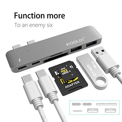 KODLIX GN28A 6 in 1 USB-C Multiport Type-C Adapter USB C Hub with 2 USB 3.0 Ports, 2 USB Type-A Port, 2 USB-C Plugs, SD and TF Card Reader with Thunderbolt 3 for MacBook Pro 13”/ Pro 15” (2016)
