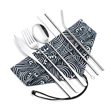 Sunhanny Portable Utensils,18/8 Stainless Steel Travel Camping Cutlery Set Including Knife Fork Spoon Straws Cleaning Brush,Reusable Travel Utensil Set with Case for School,Hiking