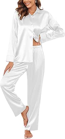 Ekouaer Classic Satin Pajamas for Women Long Sleeve Button Down Sleepwear Soft Silk Loungewear Pjs Set S-XXL