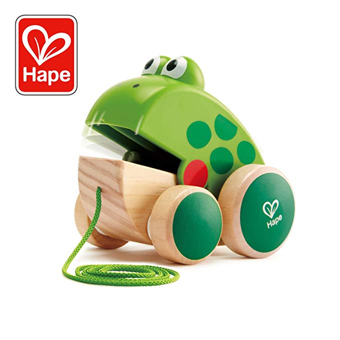 Hape Frog Pull-Along | Wooden Frog Fly Eating Pull Toddler Toy, Bright Colors