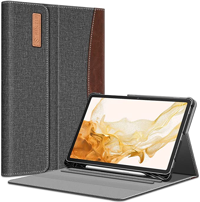 Fintie Case for Samsung Galaxy Tab S8 Plus 2022/S7 FE 2021/S7 Plus 2020 12.4 inch with S Pen Holder, Multiple Angle Portfolio Cover with Pocket Auto Sleep/Wake, Gray/Brown