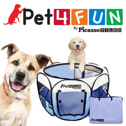 PET4FUN¨ PN945 MEDIUM 45"PORTABLE PET PUPPY DOGGIE CAT PLAYPEN KENNEL - 600D OXFORD CLOTH, TOOL-FREE SETUP, CARRYING BAG INCLUDED, REMOVABLE MESH COVER FOR SHADE/SECURITY, 2 POCKETS FOR STORAGE
