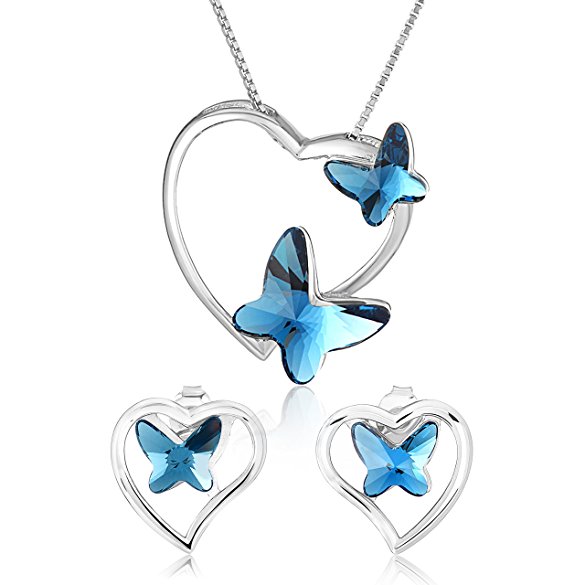 Heart Butterfly Sterling Silver Swarovski Elements Crystal Necklace Earring Matching Womens Jewelry Set