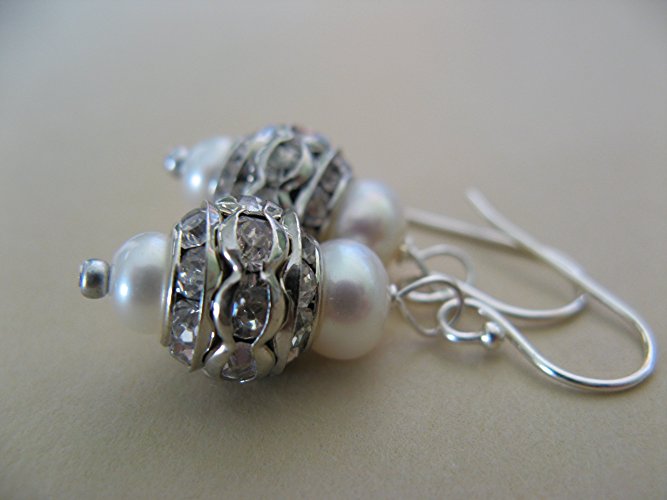 Freshwater Cultured Pearl Rhinestone Dangling Sterling Silver Earrings Boho Bling Jewelry