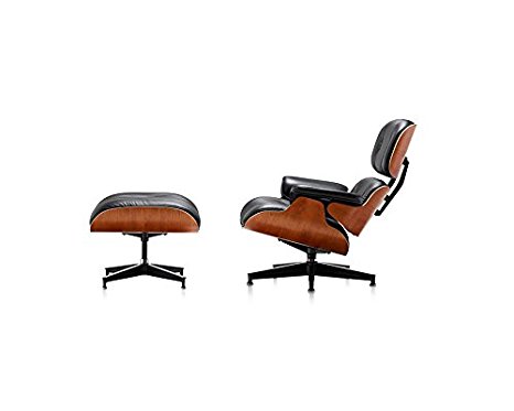 Mid-Century Classic Design Cherry Lounge Chair and Ottoman Set in Black Top Grain Leather