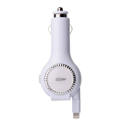 Tangle-free Lighting Retractable Cable Vehicle USB Car Charger for Apple iPhone 6 Plus iPhone 5 5c 5s iPad Air 2 iPod Touch 5 (White)