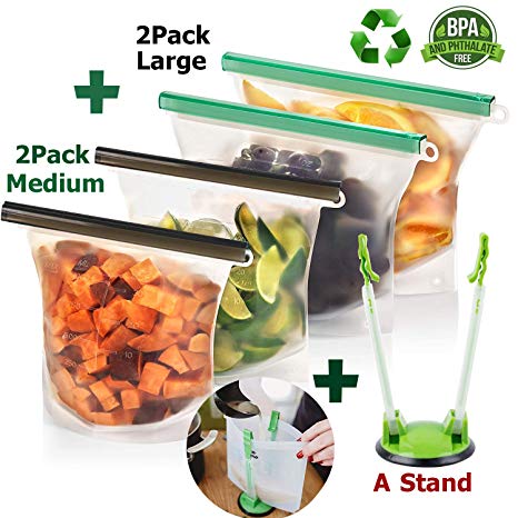 Reusable Silicone Food Storage Bags 2 Pack Large 50oz, 2 Pack Med 30oz & Bag Stand, Sungluber BPA FREE Reusable Sandwich Bags Ziplock Freezer Bag Containers for Vegetable Liquid, Snack, Meat, Sandwich