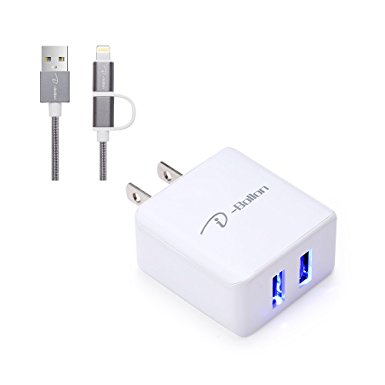 USB wall charger,I-Bollon 12Watt 2.1A Dual AC/DC travel charger adapter with 3ft 2 in 1 Lighting and micro to USB charging cable for iPhone 5/5C/5S/6S/6S PLUS/7/7 plus,IPad Air,Samsung,HTC and more