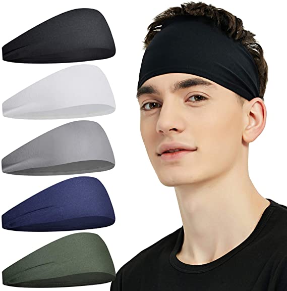 Pilamor Sports Headbands for Men (5 Pack),Moisture Wicking Workout Headband, Sweatband Headbands for Running,Cycling,Football, Yoga,Hairband for Women and Men…