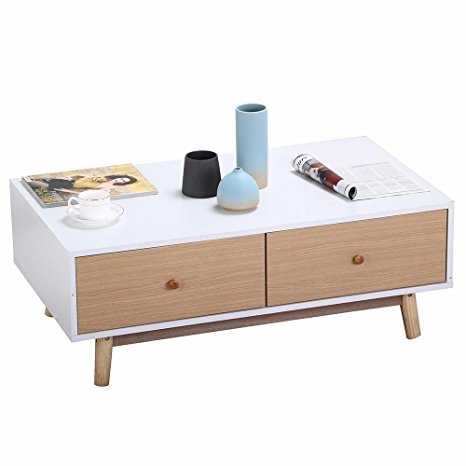 Yaheetech Modern 2 White Drawers Coffee Table Solid Wood Legs Center Tables Living Room Furniture