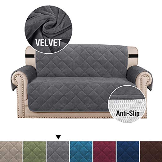 H.VERSAILTEX Real Quilted Velvet Sofa Slipcover with Pockets, Non-Slip Sofa Cover Furniture Protector Couch Shield for Pets Kids Dog Cat, 2" Elastic Straps, Seat Width Up to 54" (Love Seat: Gray)