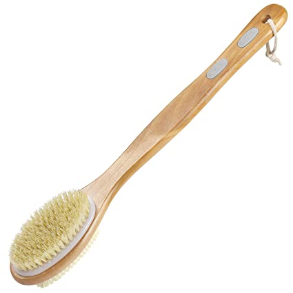 Vextronic Body Exfoliating Brush, Back Scrubber for Shower with 17" Bamboo Handle for Dry or Wet Body Scrubber Brush Help Exfoliation, Improve Bumpy Skin, Blood Circulation