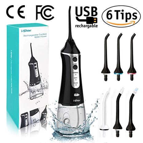 Cordless Water Flosser | i-Star Family Dental Care FCC & CE Approved | 300ml Large Capacity Tank & 6 Interchangeable Tips | Clean Teeth Healthy Gums | Oral Irrigator for Adult and Family Use | Black