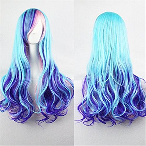 Upgrade Version Wig Gradient Long Curly Hair Cosplay Party Costume Wig   a Free Hairnet (Blue Mixed Pink) BU040