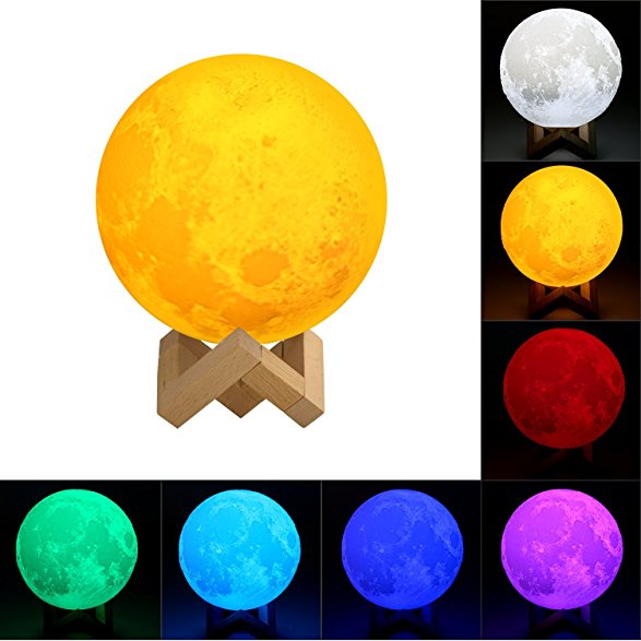 3D Printing Moon Lamp, ICOCO Lunar Luna Moonlight 3 Tone 7 Colors Touch Control Brightness Night Light with Lamp Holder for Home Decoration & Christmas Gifts (5.9 Inch)
