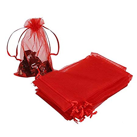 HRX Package 100pcs Organza Bags,4" x 6" Christmas Wedding Favors Christmas Gift Drawstring Bags Jewelry Pouches (Red)