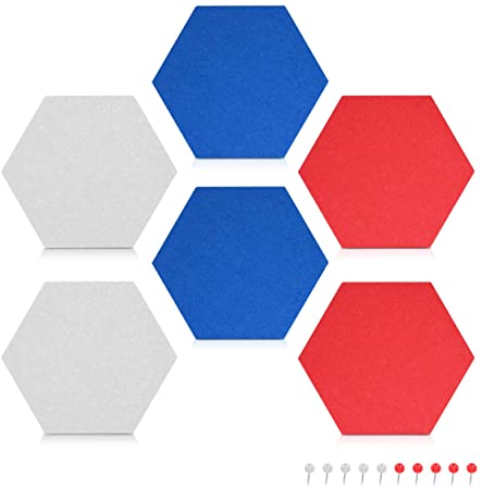 Navaris Hexagon Felt Board Tiles - Set of 6 Notice Memo Bulletin Boards with Push Pins Pack 5.9 x 7 inches (15 x 17.7 cm) - Blue, Red, White