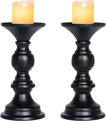 Topsky Pillar Candle Holder, Metal Vintage Candle Holders for Pillar Candle - Set of 2 Candlestick Holders Stand, Table Decorations Centerpiece for Living Room, Gifts, Wedding（Black