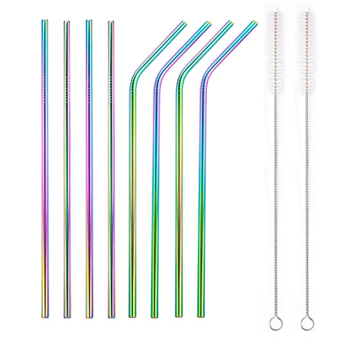 YIHONG Set of 8 Stainless Steel Metal Straws Ultra Long 8.5 Inch Reusable Straws For Tumblers Rumblers Cold Beverage Colorful (4 Straight|4 Bent|2 Brushes|1 Pouch)