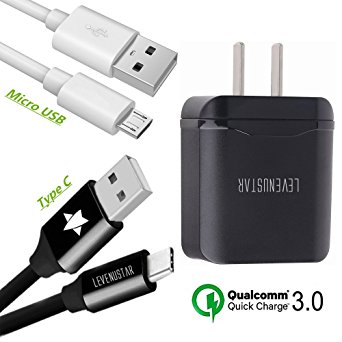 Quick Charge 3.0 Wall Charger, LeVenustar Travel Rapid Fast Wall Charger with USB C Cable   Micro USB Cable for Galaxy S7/S6/Edge/Plus, Note8, LG G5,G6, HTC 10,Nokia 8 and More (Black)