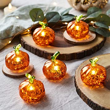 Lights4fun, Inc. Set of 6 Mini Glass Pumpkin Battery Operated LED Fall Thanksgiving Lighted Decorations