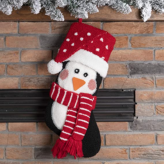 glitzhome 19" L 3D Penguin Christmas Stocking Oversize Handmade Hooked Xmas Fireplace Hanging Stockings Decoration Stockings Decorations for Family Holiday Season Party Decor