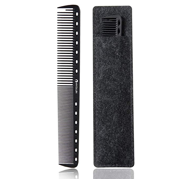 HYOUJIN605 Black Carbon Fine Cutting Grip Comb,Sassoon Style Comb,Master Barber Comb with shallow,coarse and fine tooth-14 holes for meauring device-Barber Shop Use-Anti static,Heat Resistant