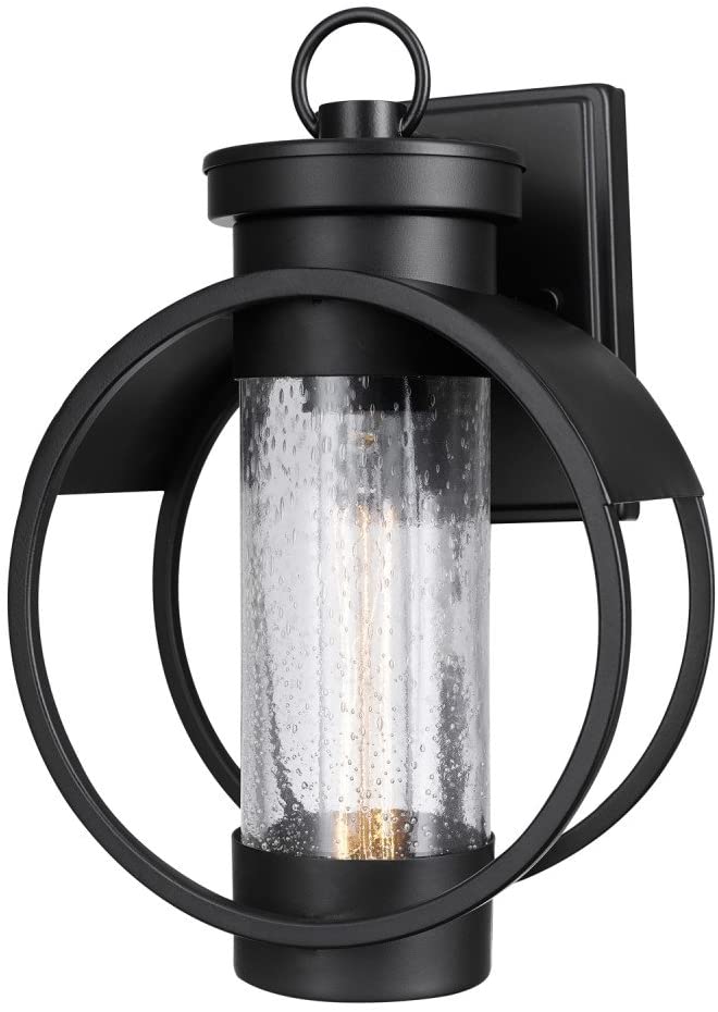 Globe Electric 44193 Balvin 1-Light Outdoor Wall Sconce, Matte Black, Clear Seeded Glass Shade