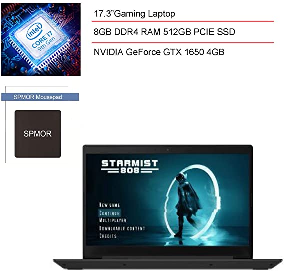 2020 Lenovo Ideapad L340 17.3" FHD Gaming Laptop Computer, 9th Gen Intel Hexa-Core i7-9750H Up to 4.5GHz, 8GB DDR4, 512GB PCIE SSD, GeForce GTX 1650, Backlit Keyboard, Windows 10, SPMOR Mousepad