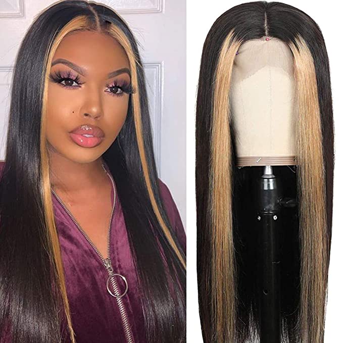 Beauty Forever 13x4 Highlight Straight Lace Front Wig Human Hair Wigs,180% Density Brazilian Ombre Color Pre Plucked with Baby Hair Lace Frontal Wigs for Black Women 10 Inch