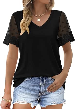 OFEEFAN Casual V Neck T Shirts for Women Lace Short Sleeve Curved Hem Tops Loose Fit