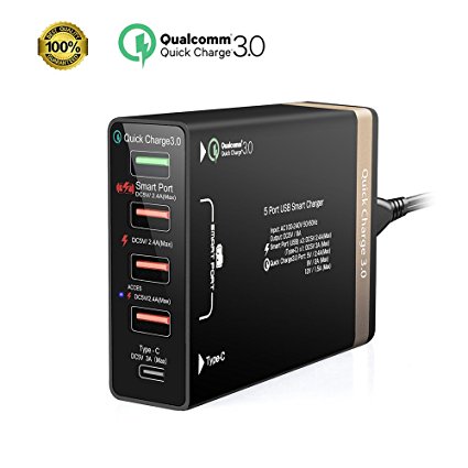 USB Type-C with Power Delivery USB Wall Charger 5-Port/40W, Quick Charge 3.0 USBC Wall Charger for iPhone X / 8 / 8 Plus, Nexus, Pixel C, Samsung Galaxy, Moto Z and more by pipigo