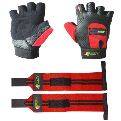 Ezy Fitness Weight Lifting Gloves & Weightlifting Wrist Wraps Set For Men & Women - Premium Money-Saving 2-in-1 Fitness Bundle For Gym & Training - Exercise Gloves For Crossfit Powerlifting Bodybuilding And Heavy Workout - Premium Quality Materials - Sweatproof - Abrasion Proof - Ideal Fitness Bundle for Men and Women - Satisfaction Guaranteed