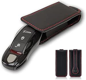 AeroBon Real Leather Key Cover Leather Key Pouch Compatible with Porsche Key Fob (Black with Red Stitch)