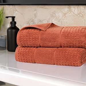 Superior Cotton Bath Sheet Set, Zero Twist, Waffle Border, Oversized Large Absorbent Body Towels, Luxury Soft Quick Drying, Shower, Spa, Hotel, Pool, Guest Bathroom, Home Essentials, Set of 2, Rust