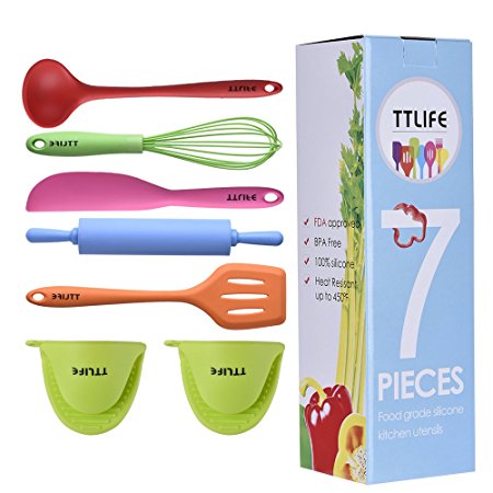 TTLIFE Silicone Kitchen Utensils Colorful 7 Pieces With Turner, Spatula, Soup Ladle, Rolling Pin, Heat Resistant Hand Clips, Whisk