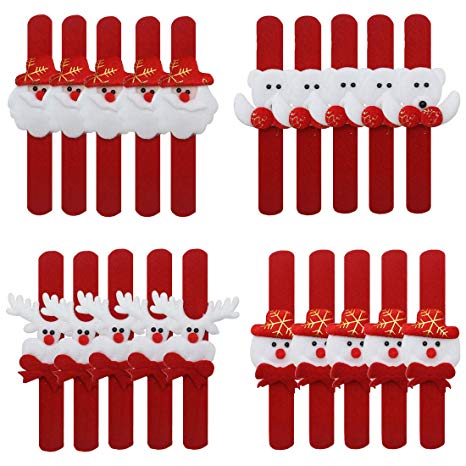 Moji Christmas Slap Bracelet Pack of 20, Slap Wrist Bands in 4 Fun Christmas Themed Designs, Slap-On Wristbands Kids Party Supplies Stocking Fillers