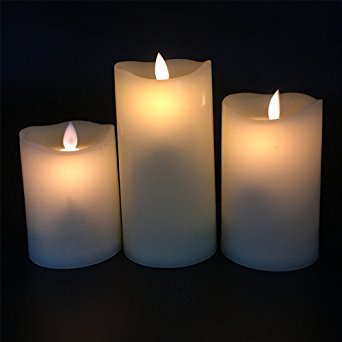 Vokalm Flickering Flameless Candles - Realistic LED Dancing Flame Light - Indoor and Outdoor Battery Operated with Remote Control Timer - Moving Wick - 3 Pillar Unscented Ivory Flicker Candle Set