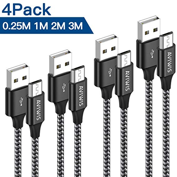 Micro USB Cable, AVIWIS [4-Pack 0.25M 1M 2M 3M] Android Cable Nylon Braided USB Cable Fast Charger Charging Cable for Samsung Galaxy S7/S6/J3/J5/J7, Huawei, Sony, HTC, LG, Motorola, Kindle, PS4