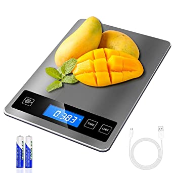 Digital Kitchen Scales, 33lb/15kg Precision Accuracy, REEXBON Digital Kitchen Scale Stainless Steel with Tare Function, 5 Units, Overload&Low Battery Alarm, LED Charge Indicator