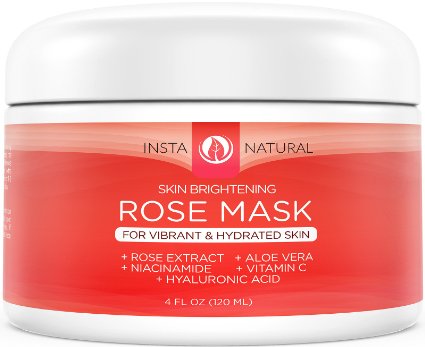 InstaNatural Rose Facial Mask - With Vitamin C Hyaluronic Acid Niacinamide Aloe Vera and More - Best Skin Brightening and Moisturising Blend for Face - Made With Fresh Rose Petal Extract - 4 OZ