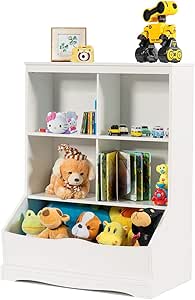 Giantex Cubby Toy Organizer, Wood Storage Cabinet, 3 Shelf 4 Cube Units, Storage Bins Cubbies for Kids’ Collections (White)