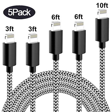 MFi Certified Phone Charger Cable, Durable Dual USB cable with 【5Pack-3/3/6/6/10ft】 Phone Charging Cable Charging Cord Compatible with iPhone X/8/7/6/6S/6S Plus/5S/5C/5 & More