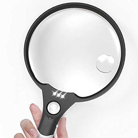 Large Magnifying Glass with Light, Unimi 5.5 inch 3 LEDs Illuminated 2X Magnifier Lens 4X 25X Zoom Lightweight Hand Held Magnifiers with Acrylic Lens For Reading Jewelry & Craft - Black / White