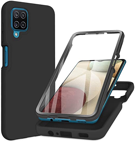 PULEN for Samsung Galaxy A12 Case with Built-in Screen Protector,Rugged PC Front Cover   Soft Liquid Silicone Non-Slip Back Cover, Shockproof Full-Body Protective Case Cover (Black)