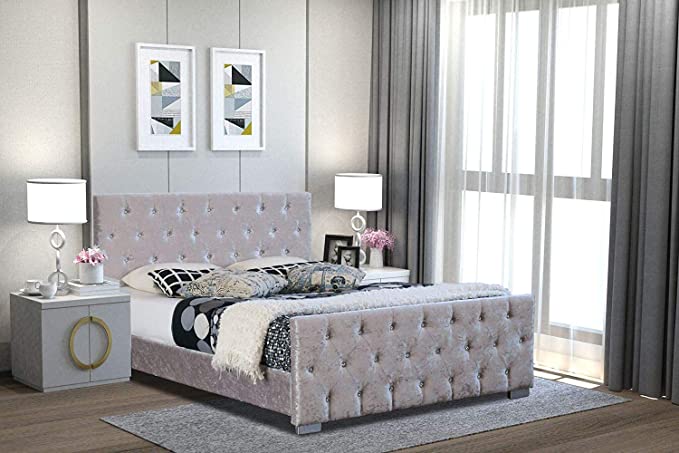Home Treats Silver Diamante Bed Frame. King Size Bed In Crushed Velvet Upholstered Finish (King Size)