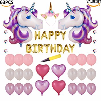63 PCS Unicorn Balloon Birthday Decoration Set and Cake Toppers - 2 Large Magical Unicorn Foil Balloons, 24 Cake Topper, 4 Foil Heart Balloons, 13 Letters, 18 Latex Balloons, 1 Headband, Airpump